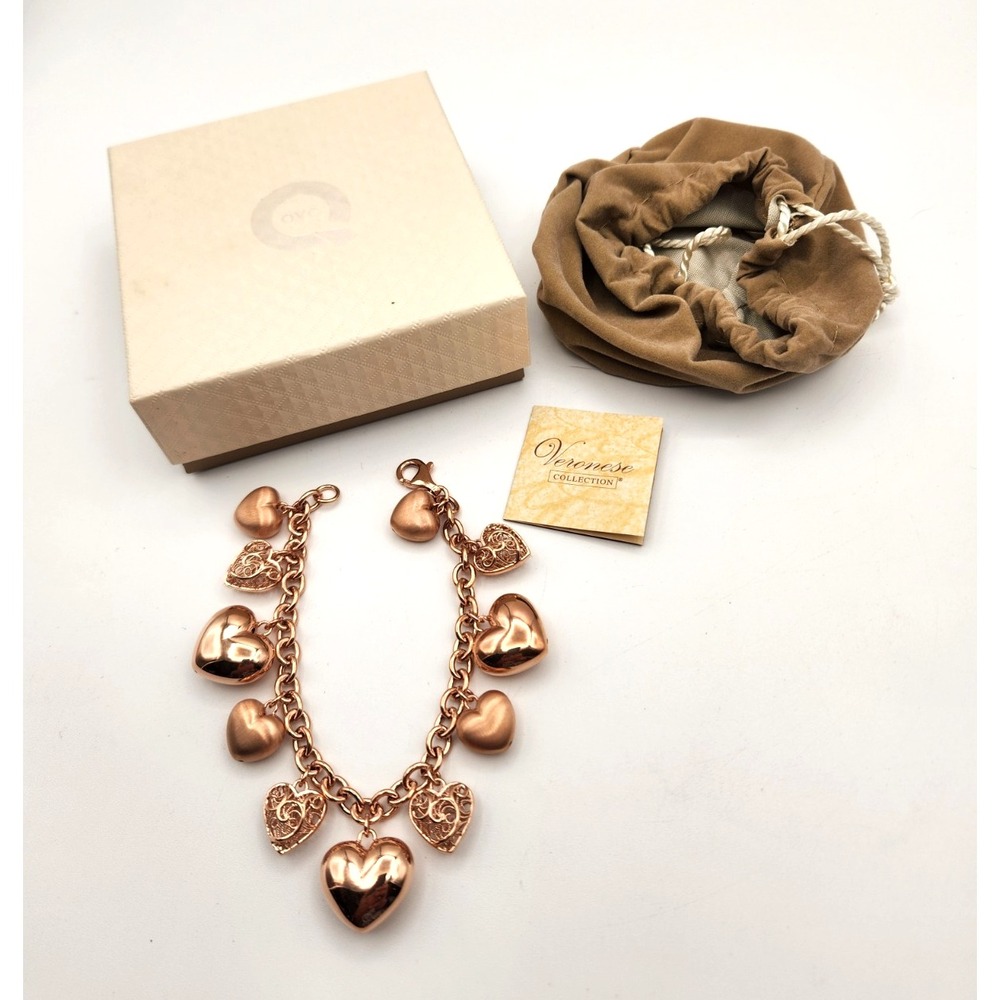 Veronese Rose Gold on Sterling Silver Heart Charm Bracelet 925 New in Box